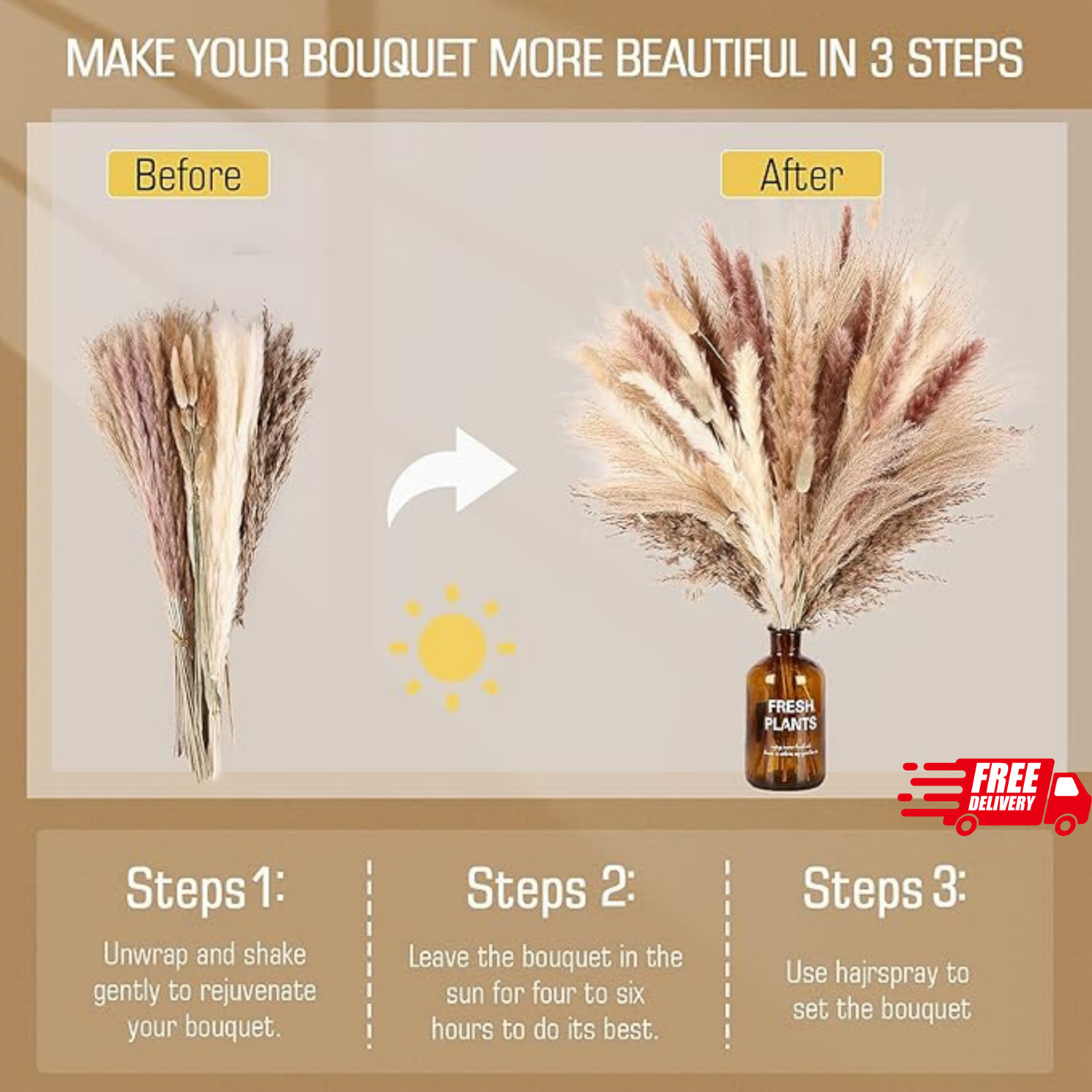 75Pcs Pampas Grass Decor-10Pcs White Pampas Grass, 20Pcs Brown Pampas Grass, 10P