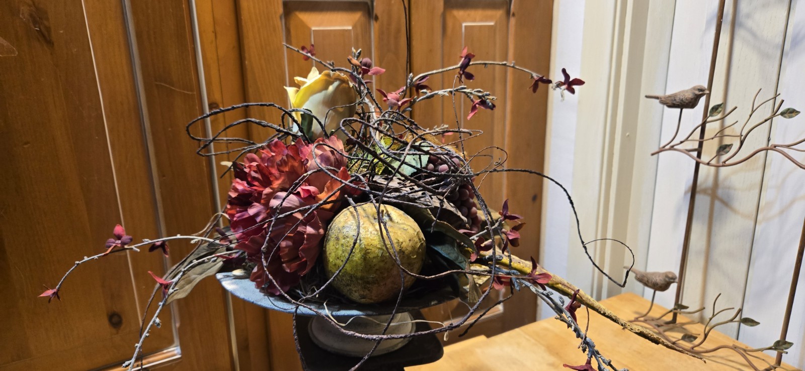 Arrangement of Dried Fruits & Flowers Centerpiece Metal Compote 14WX14WX13″Tall