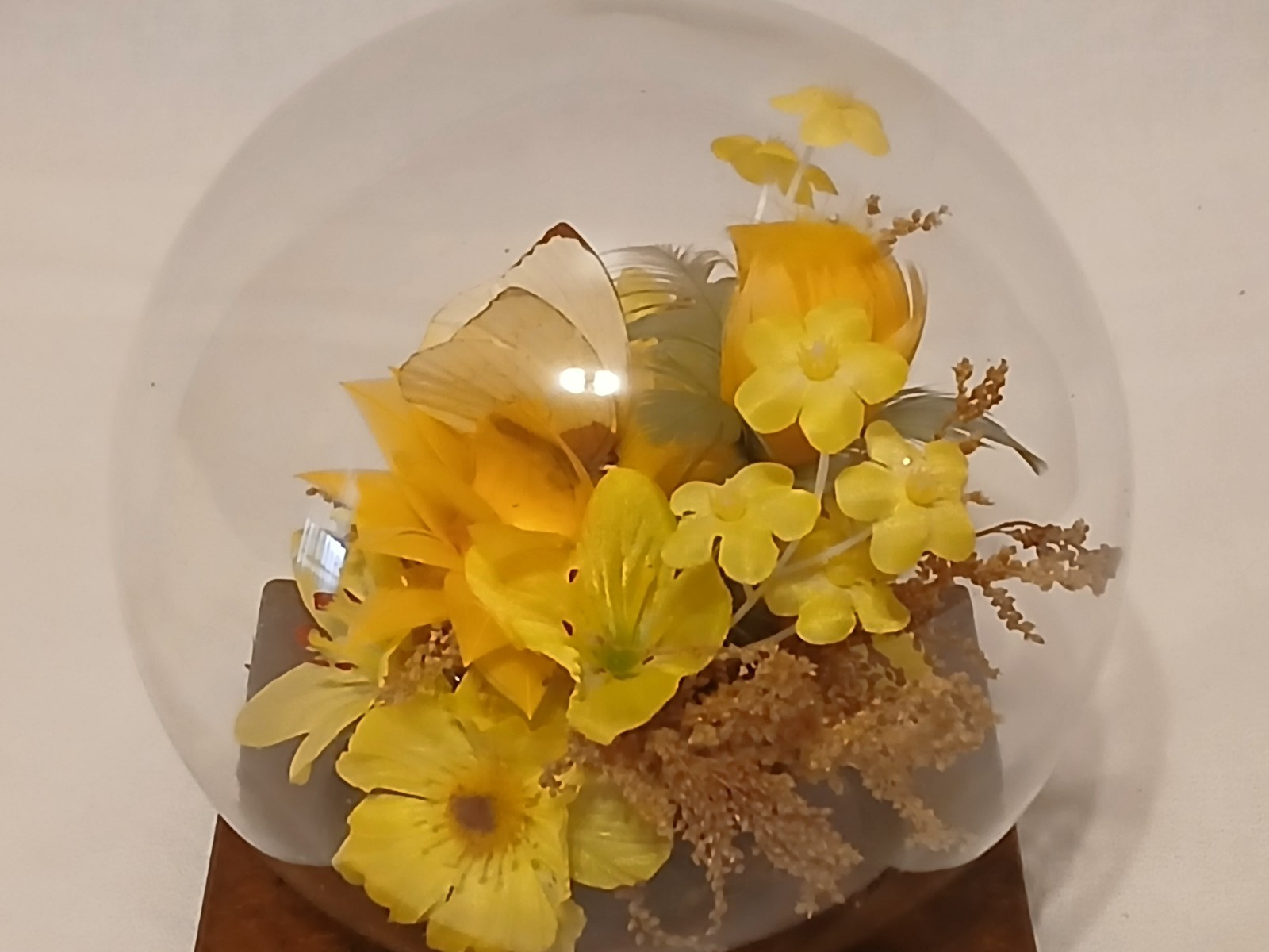 Vintage PENCO Glass Dome Terrarium w/ faux silk flowers & butterfly- 19″ around