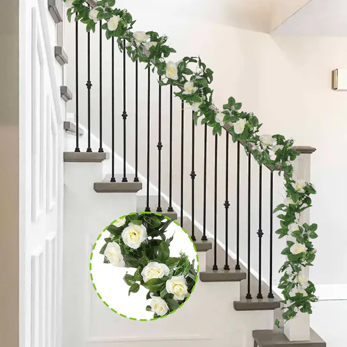 2Pack White Artificial Rose Garland Fake Silk Flower Vine with Greenery Hangi…