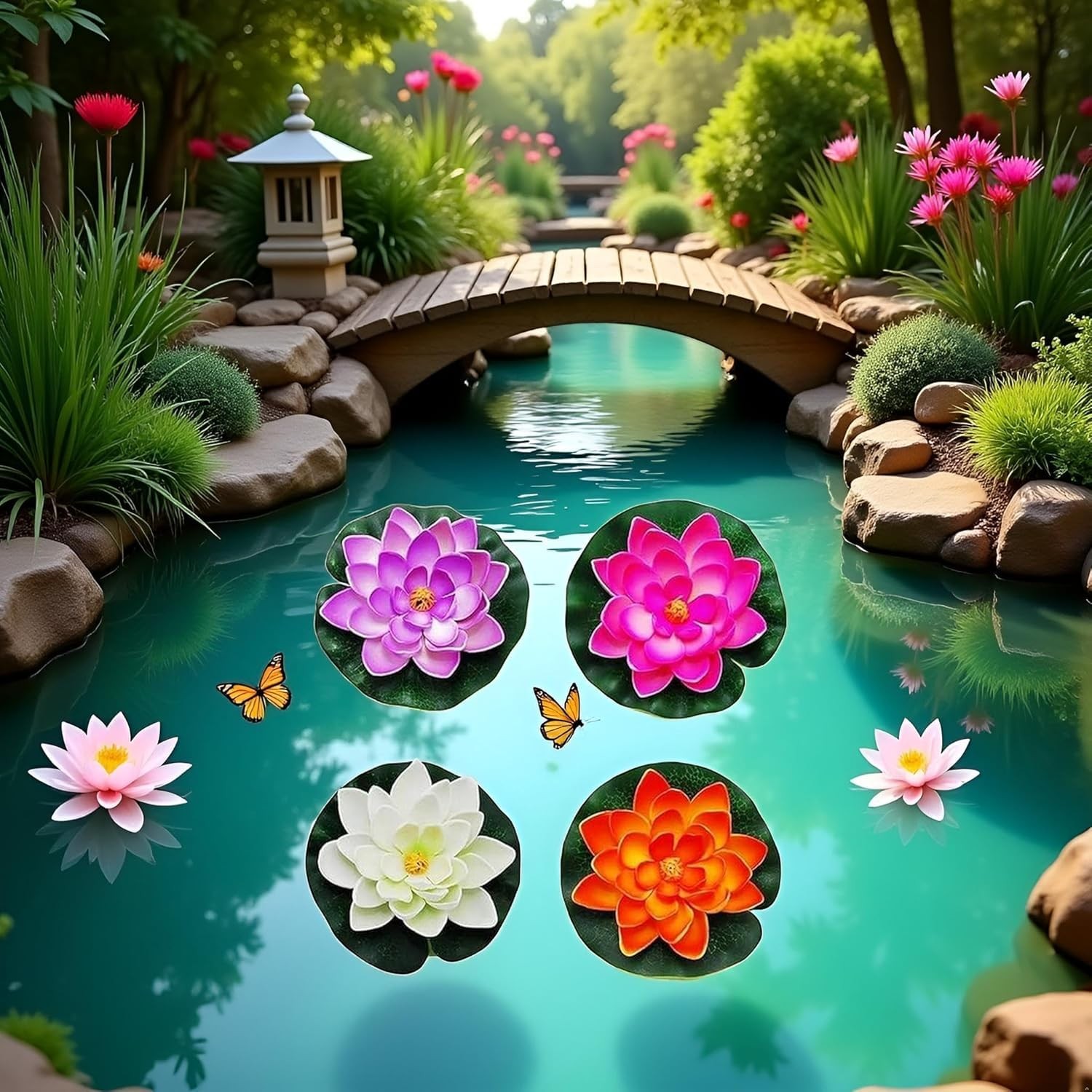 4Pcs Artificial Flowers Water Lily Foam Lotus Flower Pond Decor for Pond Pati…