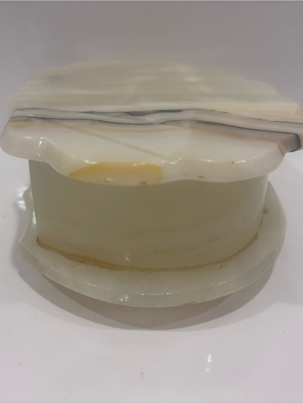 Vintage Banded Onyx Stone Hinged Trinket Jewelry Box Scalloped Lid