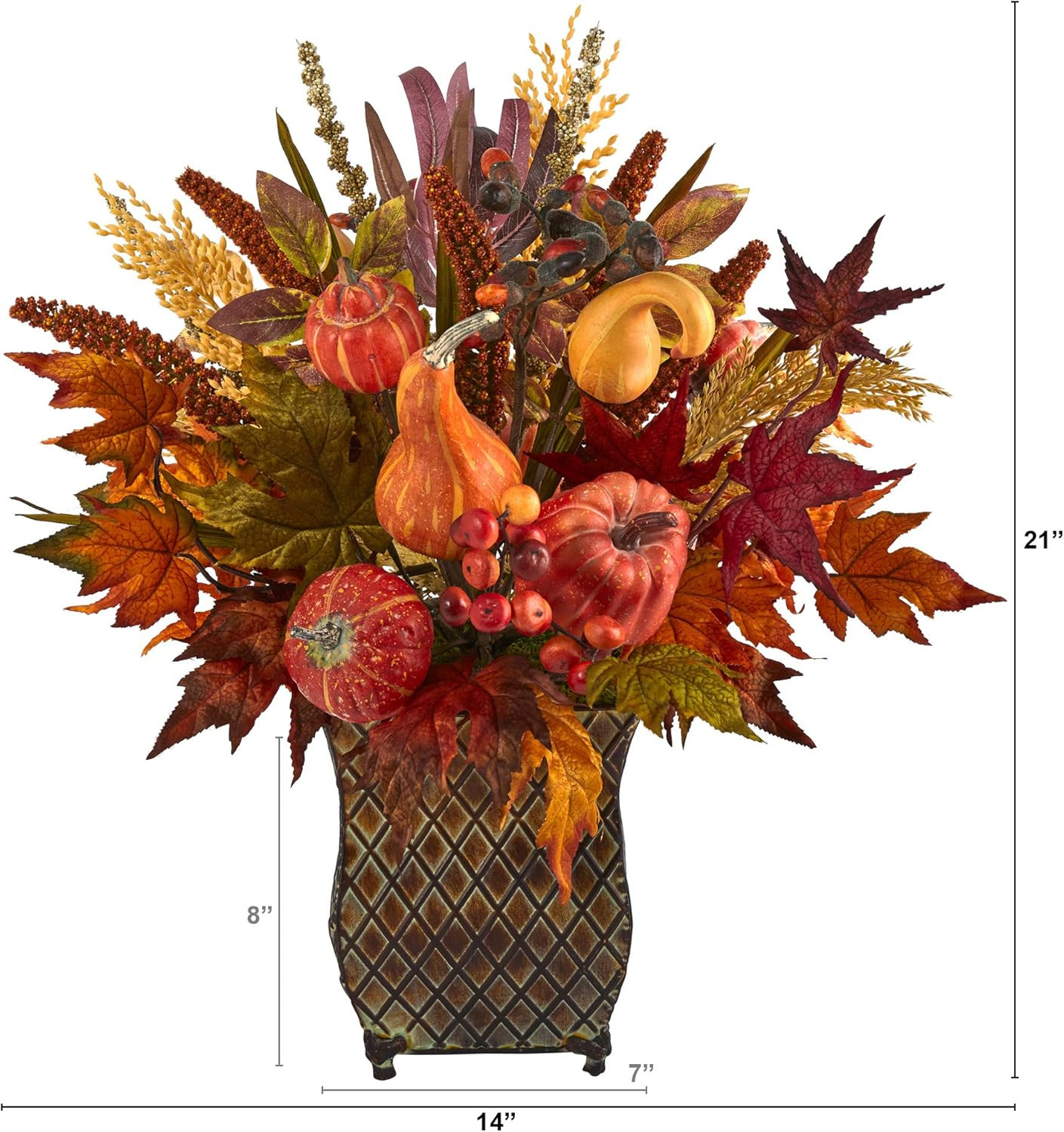 21″ Pumpkin & Maple Leaf Harvest Arrangement in Metal Planter