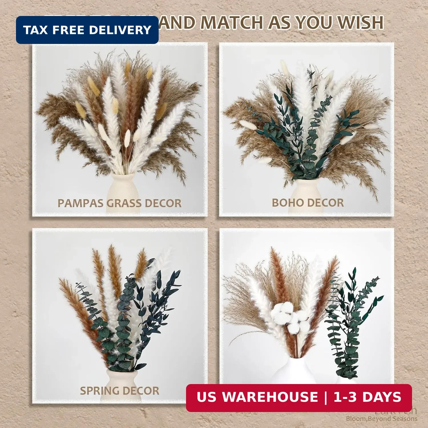 Natural Dried Flower Bouquet – Pampas Grass, Cotton Stems, Bunny Tails Grass, Eu