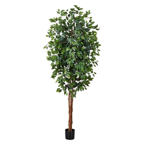Triple Trunk Artificial Ficus Tree with Natural Wood Trunks, 7ft Tree in Pot