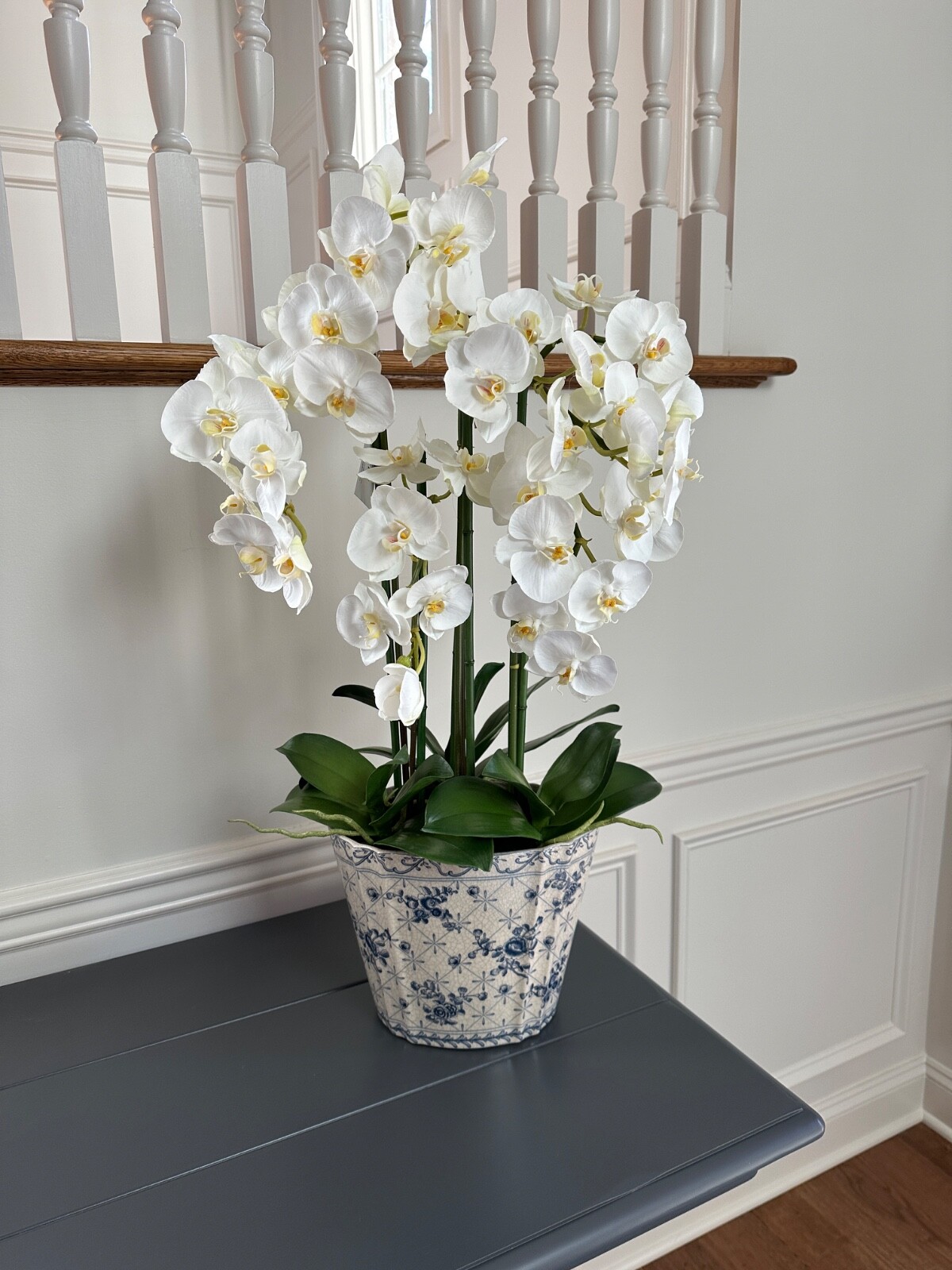 Faux White Orchids in Crackled Glazed Ivory & Blue Ceramic Cache Pot 32″x18″x11″