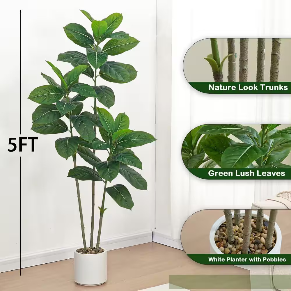 1 In. White Indoor/Outdoor Artificial Rubber Tree Shrub Faux Plant with Planter
