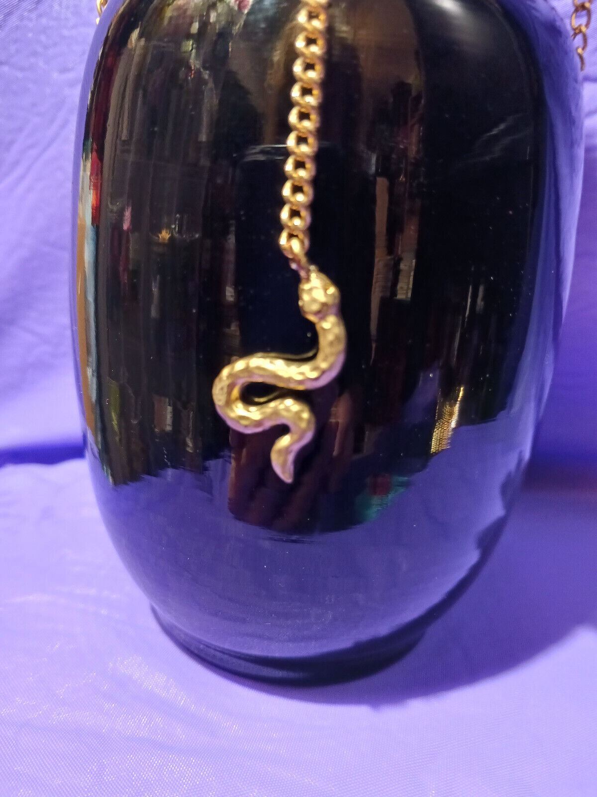 Artificial Flower Arrangement Valentines Day Black Glass Vase w/Snake Gold Chain