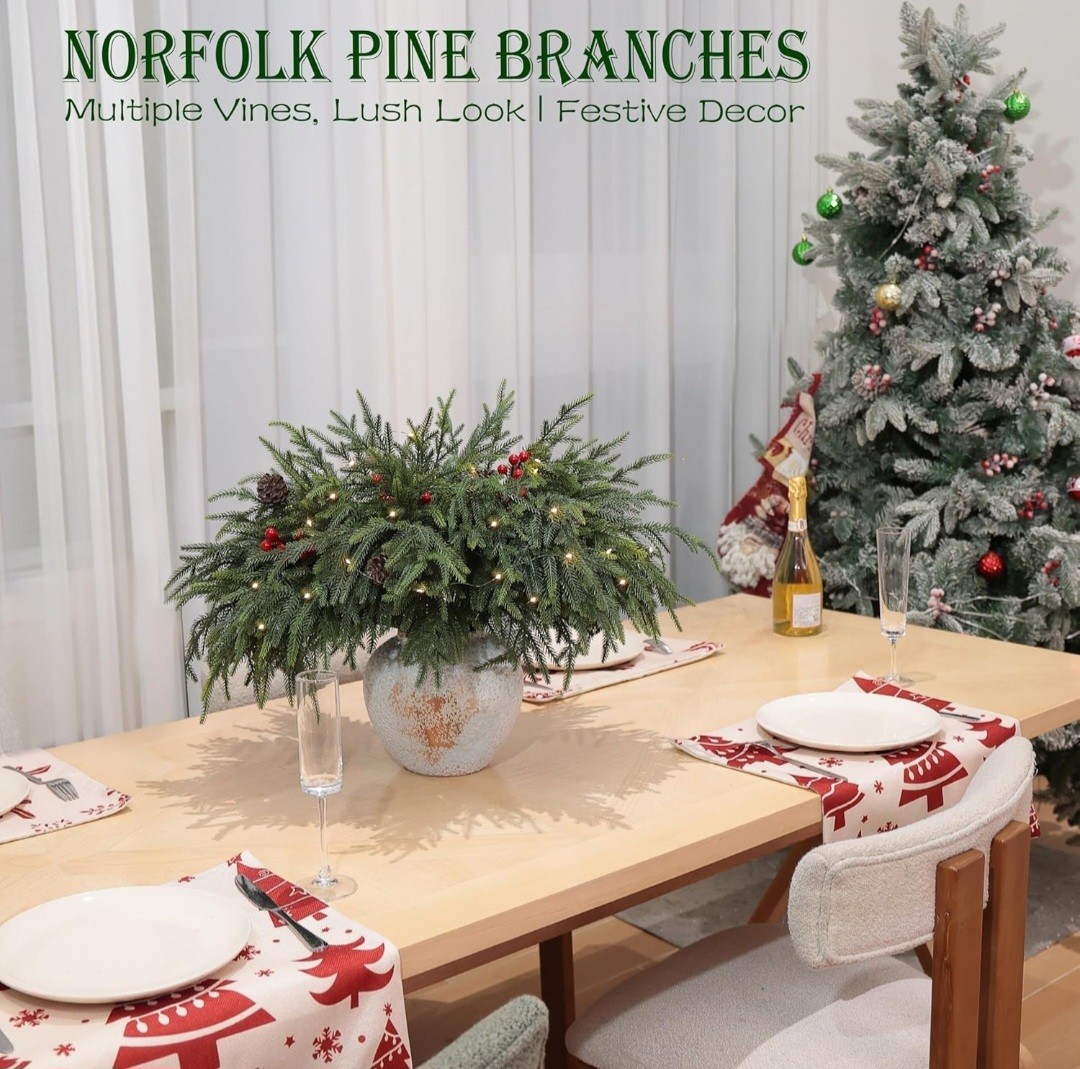20 Pcs Christmas Norfolk Pine Branches 24″ Artificial Decor w/ White Lights NEW
