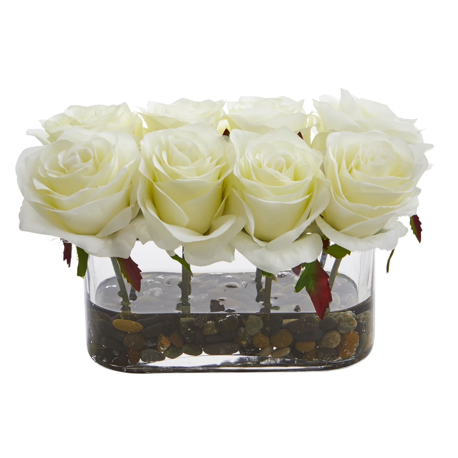 Artificial Blooming Roses in Glass Vase Faux Water River Rocks Centerpiece
