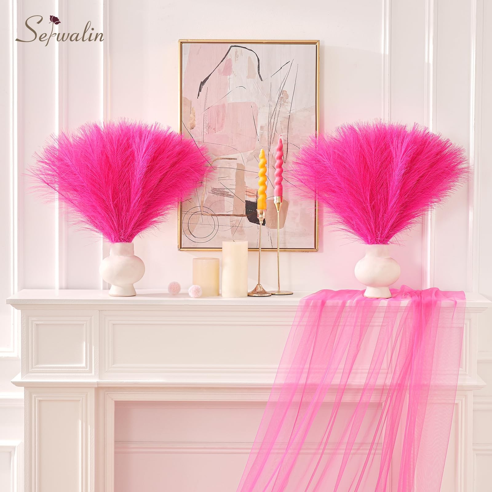 60Pcs Hot Pink Pampas Grass Decor, 17.7” Faux Pampas Grass, Artificial Pampa…