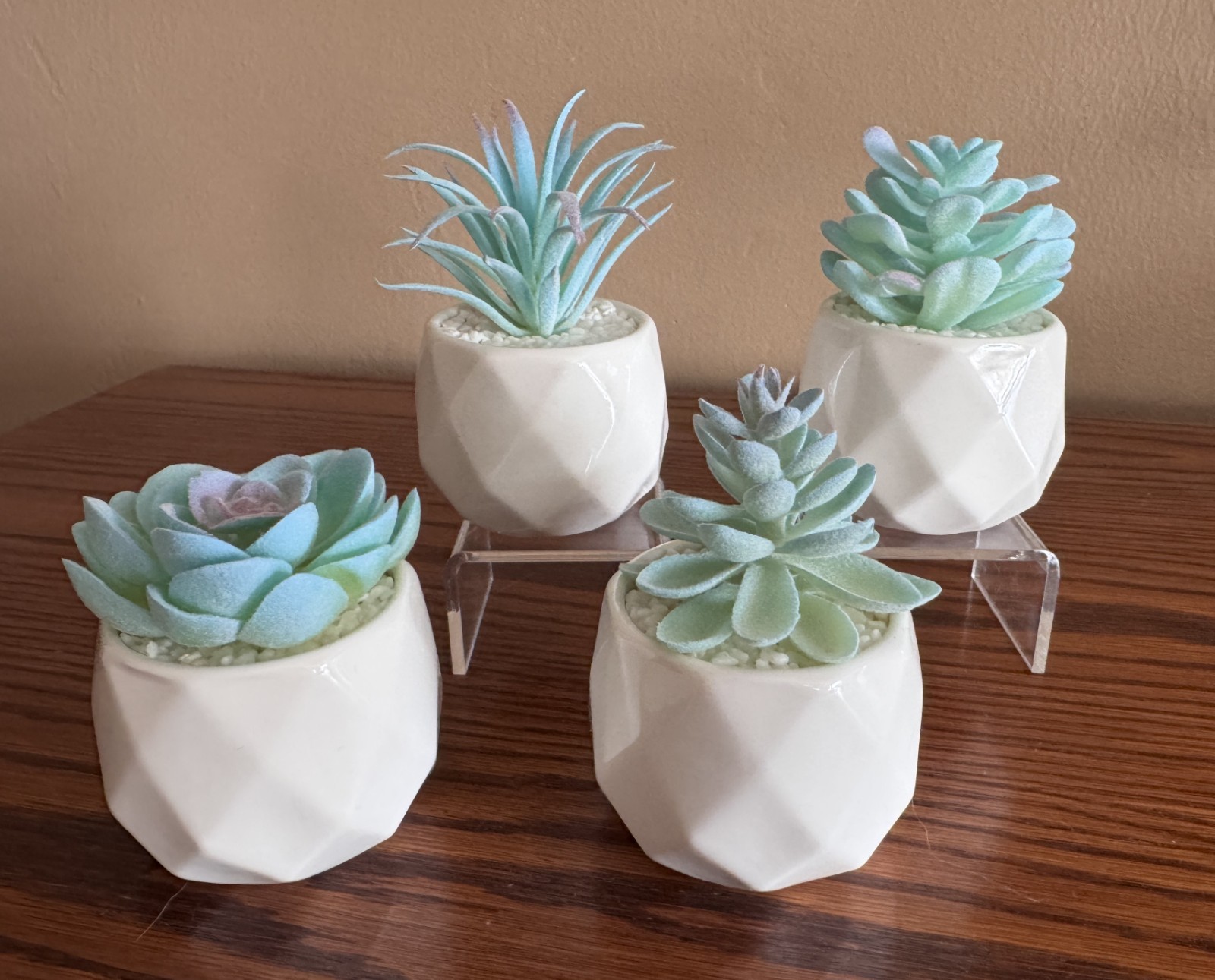 VIVERIE 4-Pack Mini Artificial Succulents ~ Blue Plants w/White Ceramic Pots NEW