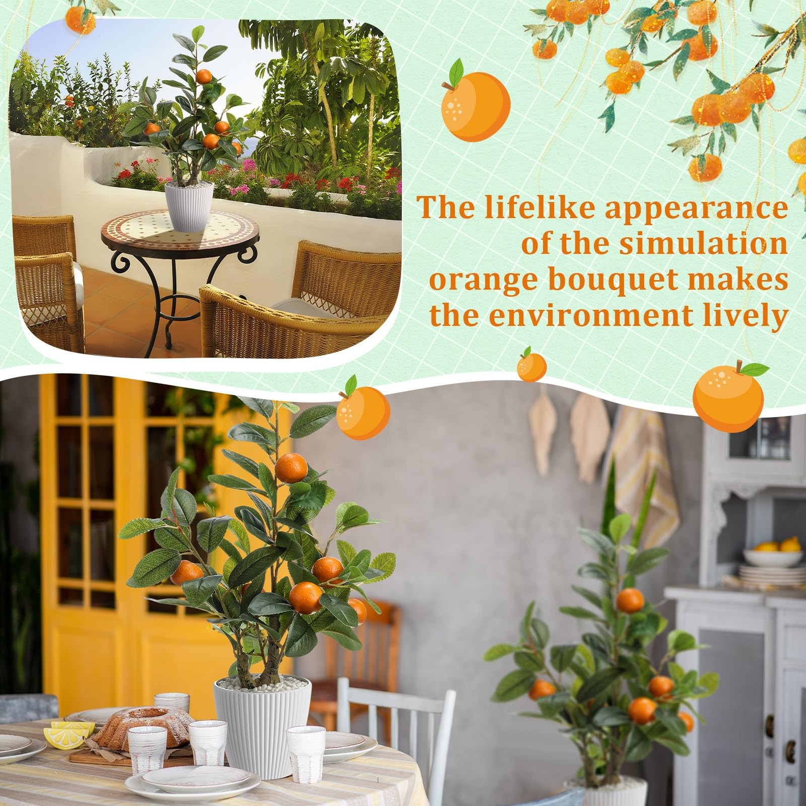 2 Pack Artificial Orange Potted Plants 19.7 Inches Fake Tree Fruit Pot Decor