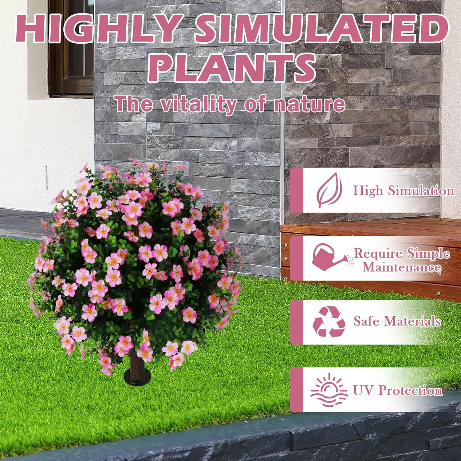 Set of 2 UV Resistant Pink Flower Boxwood Topiary Balls for Indoor & Outdoor Dec