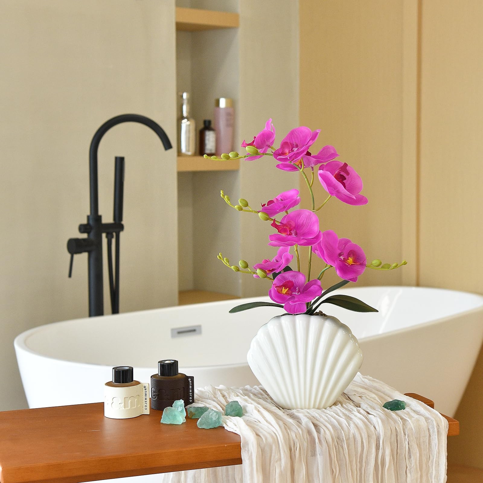 Artificial Phalaenopsis Orchid Plant in Seashell Pot, 16″ Fake Orchid Flowers…