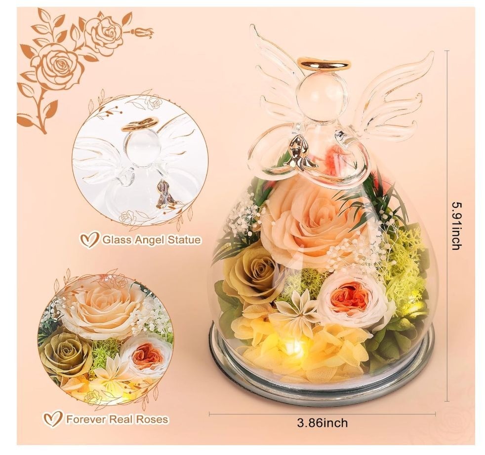 Gifts for Women Birthday Preserved Rose Forever Flower in Glass Angel Figurines