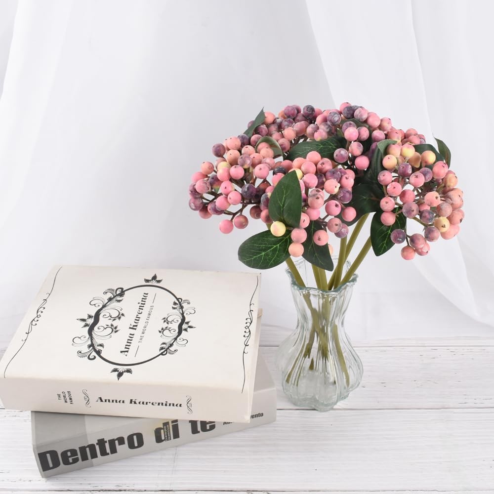 6PCS Artificial Holly Stems Pink Fake Branches 11.4 Inch for Home Wedding Win…
