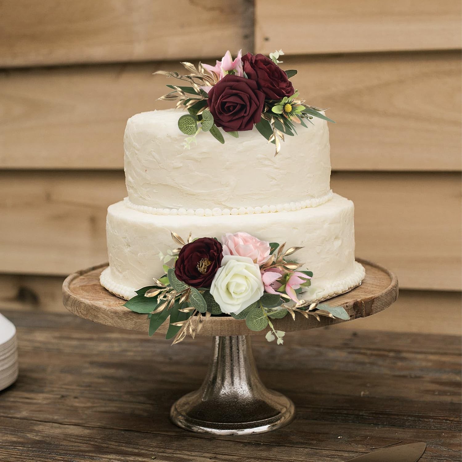 Premade Burgundy Flowers Cake Toppers Wedding Birthday Baby Shower Decor 3 PCS