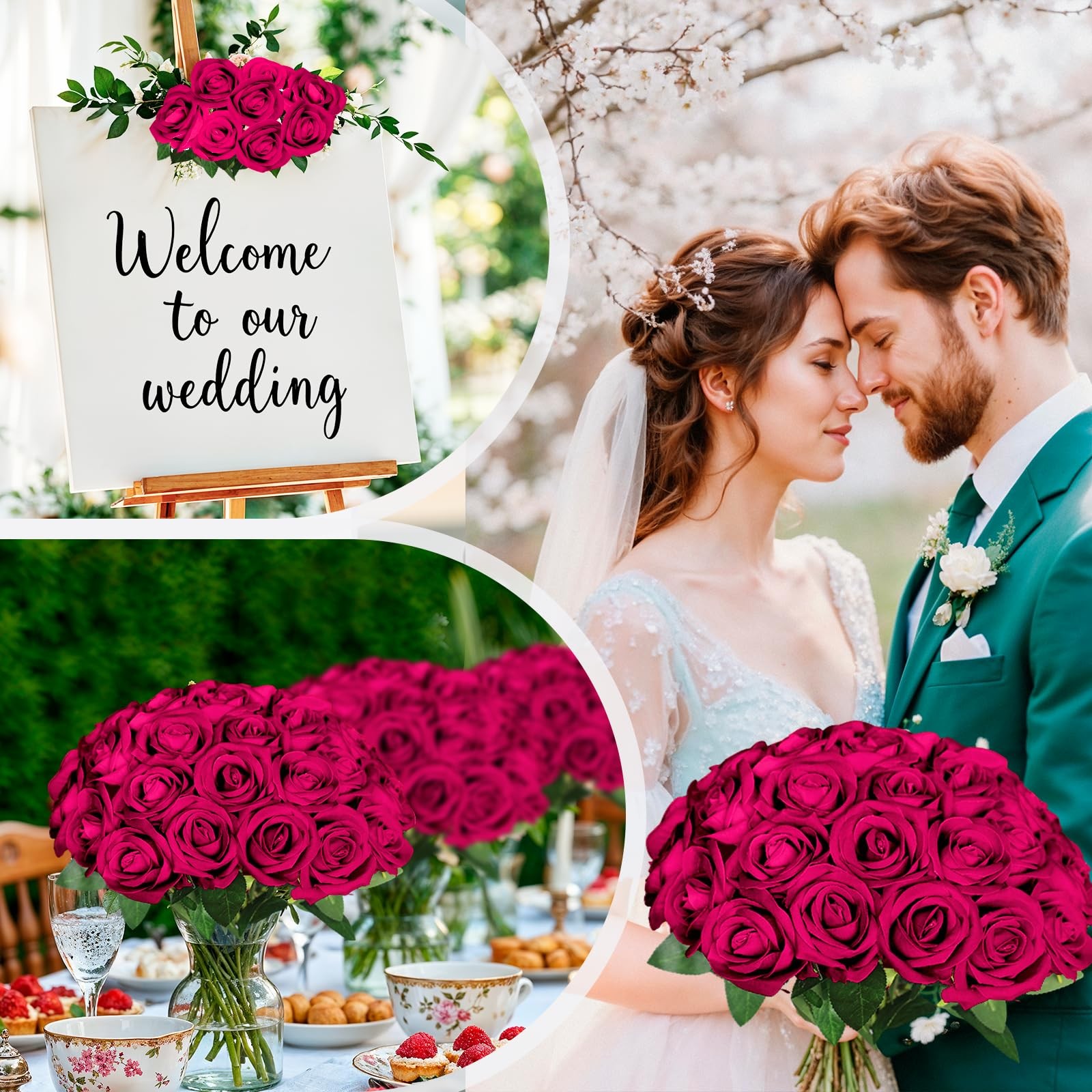 50 Pcs Fake Roses Burgundy Artificial Flowers Bulk, Faux Velvet Silk Rose Bou…