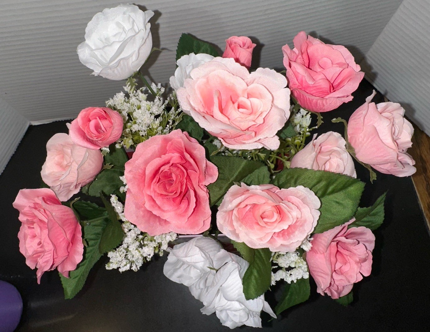 Valentine’s Day Floral Arrangement Pink & White Roses w/Baby’s Breath 12.5” x 10