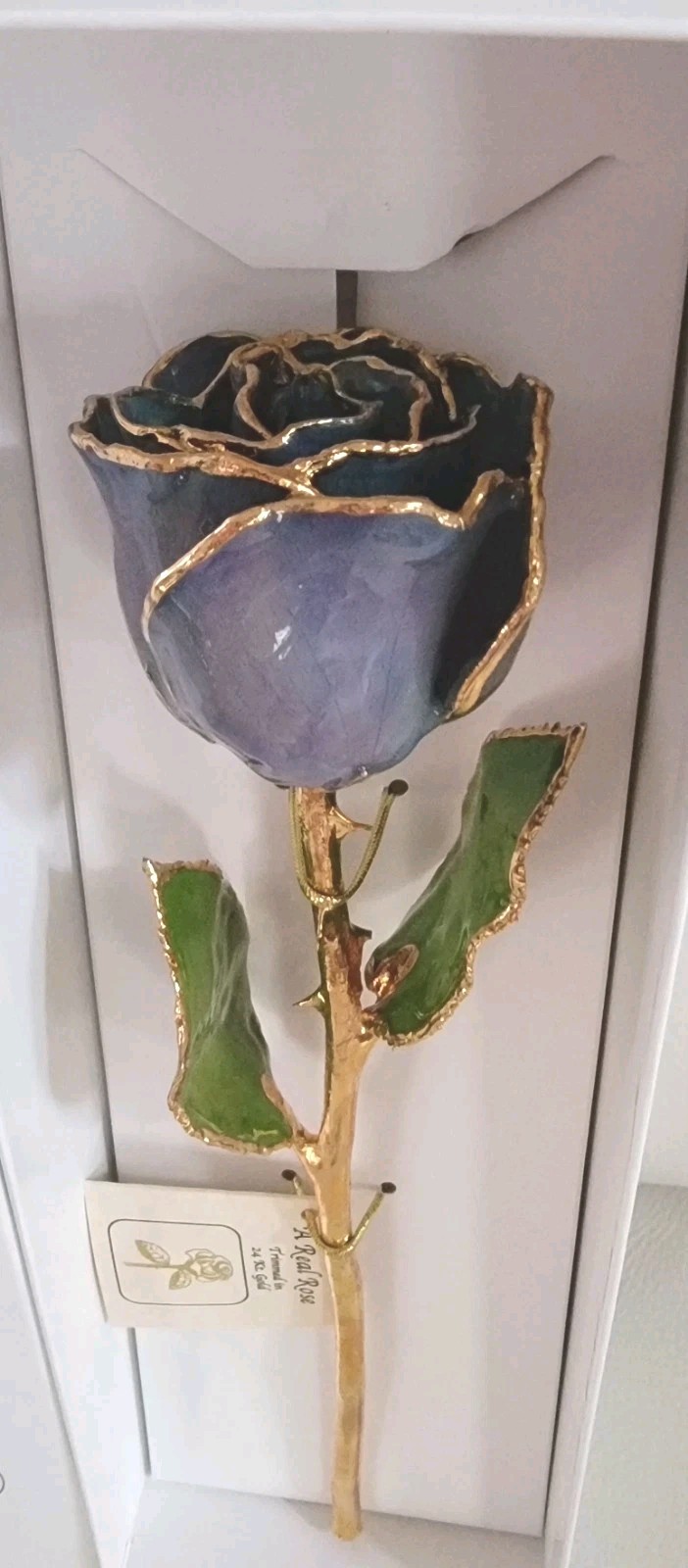 24K GOLD Trimmed 11″ REAL ROSE *LACQUER & GOLD Dipped *DEC BirthStone -TANZANITE