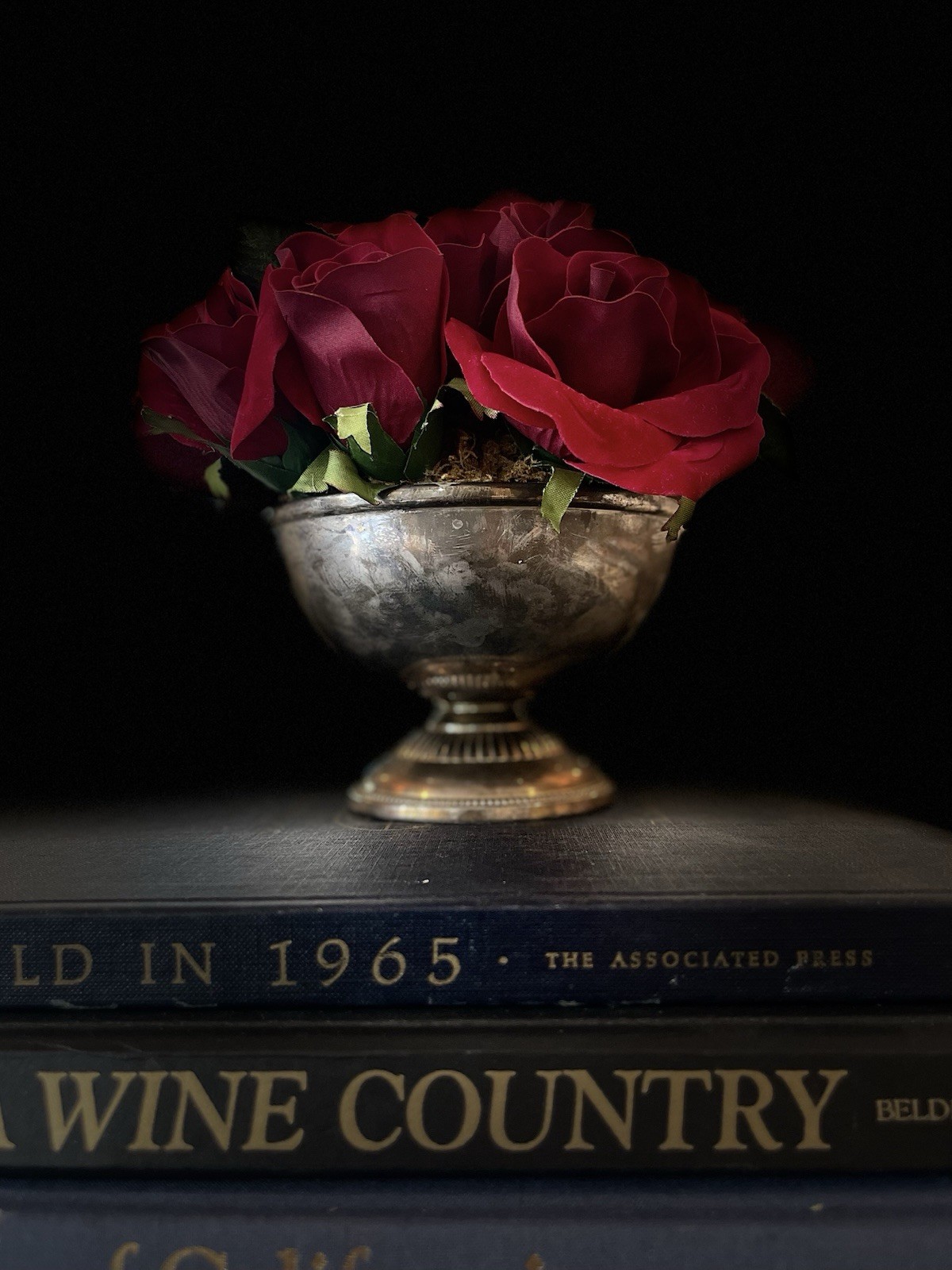 Faux Red Rose Small Arrangement In Aged Silver Pedestal Urn