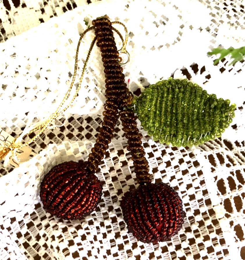 4″ HANDCRAFTED BEADED FRUIT ORNAMENT – CHERRIES