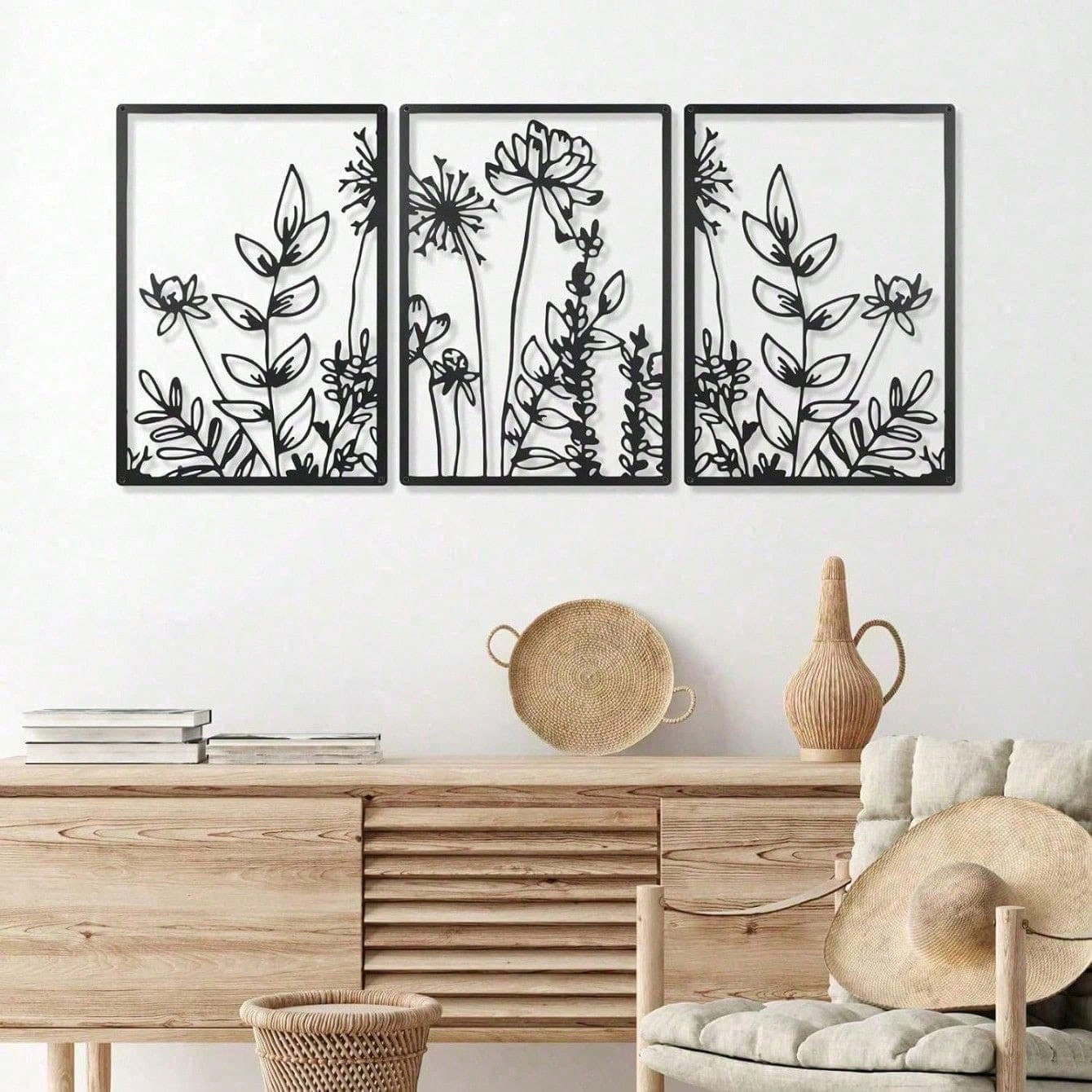 Boho Floral Metal Wall Art Set of 3 Minimalist for Living Room Bedroom Office
