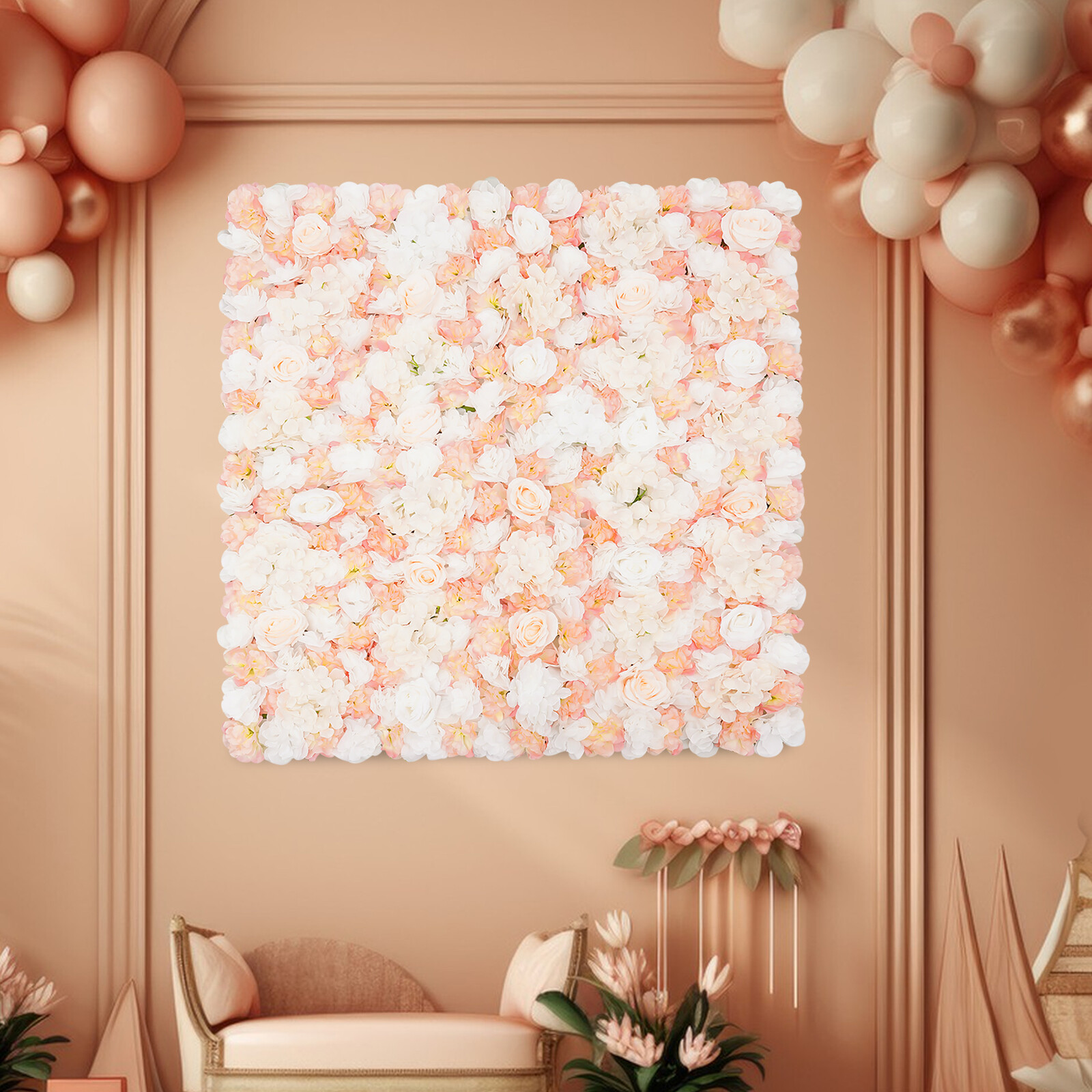 1*1m Artificial Floral Wall Champagne White Fake Floral Wall Panel W/ Pull Strap