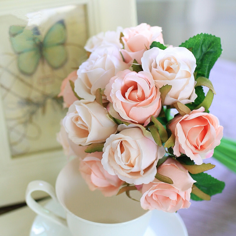 US 12 Heads Silk Rose Floral Flowers Bridal Wedding Bouquet Home Party Decor