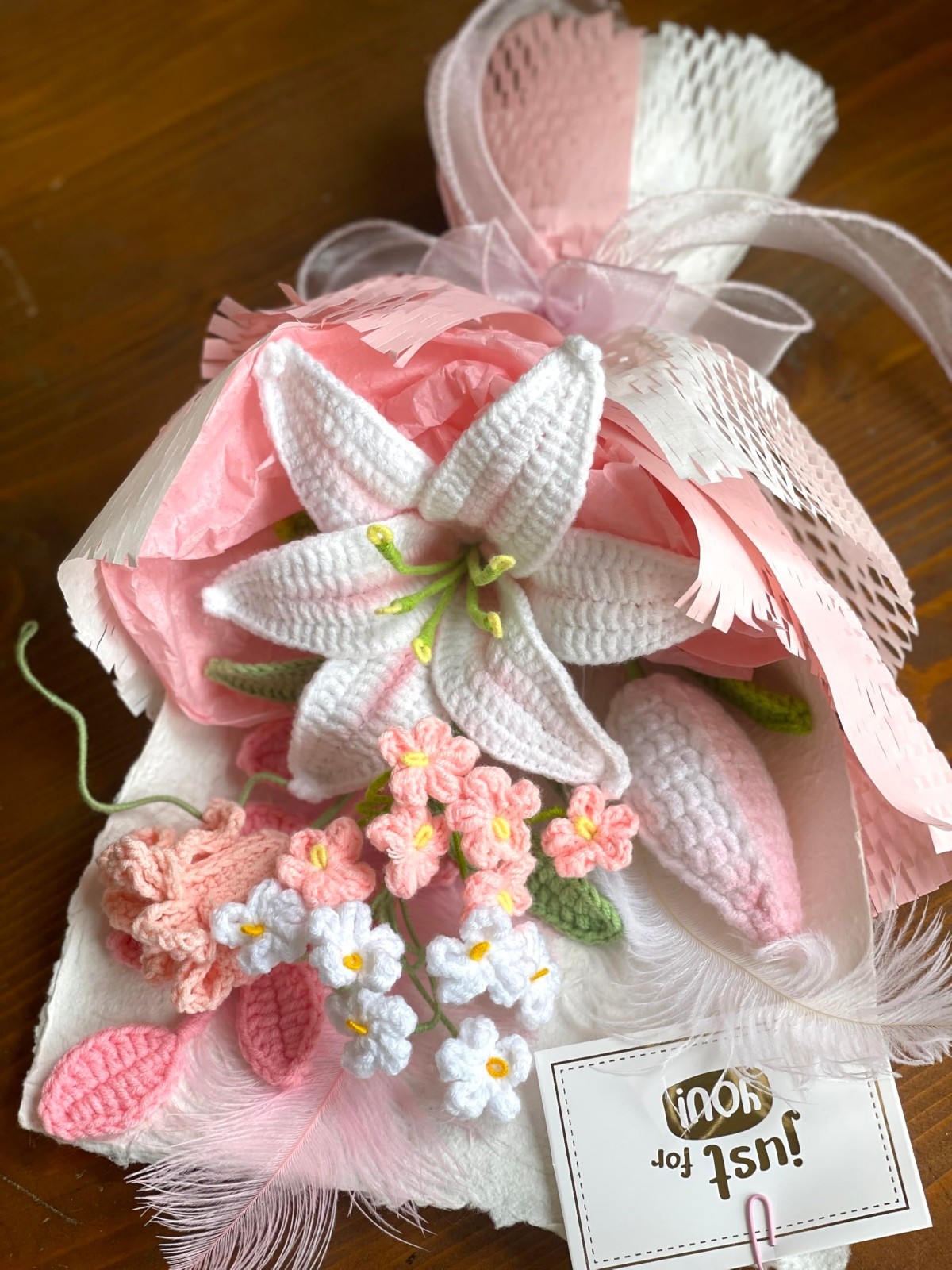 Luxury White Pink Lily Crochet Flowers Bouquet | Handmade Floral Decor Gift for