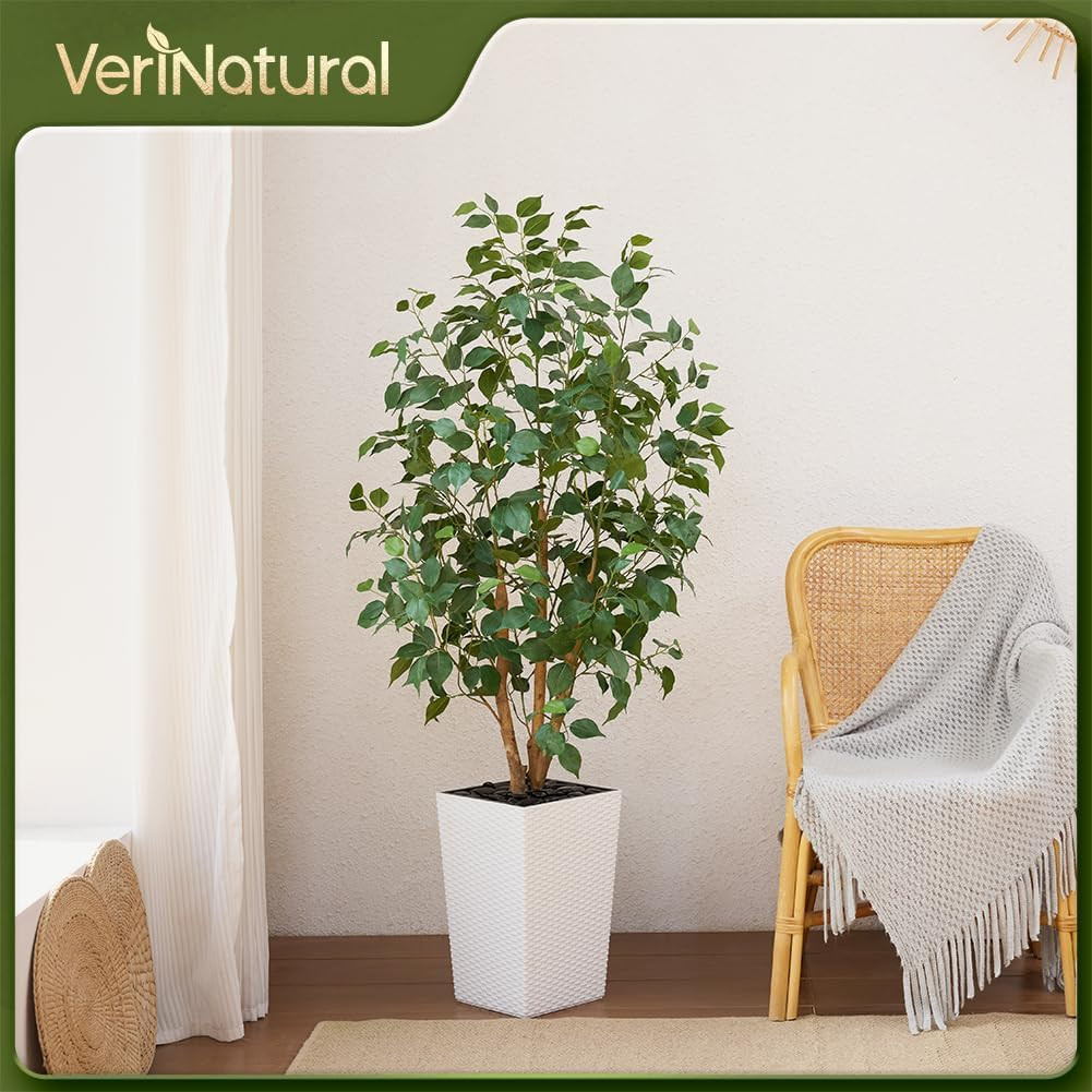 5Ft Artificial Ficus Tree,Tall Faux Tree with Pebbles & Planter UV Resistant Pot