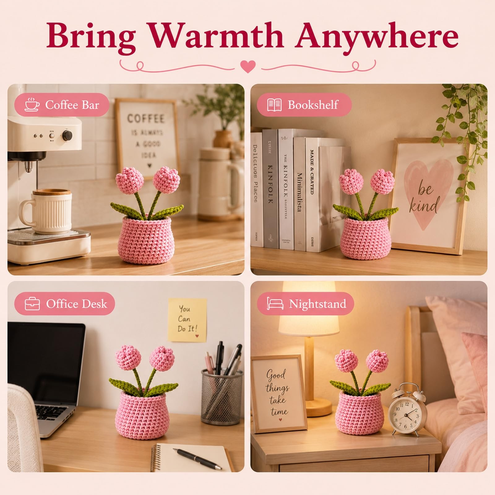Crochet Tulip Flower Pot Pink Handmade Gift For Women Desk Shelf Decor