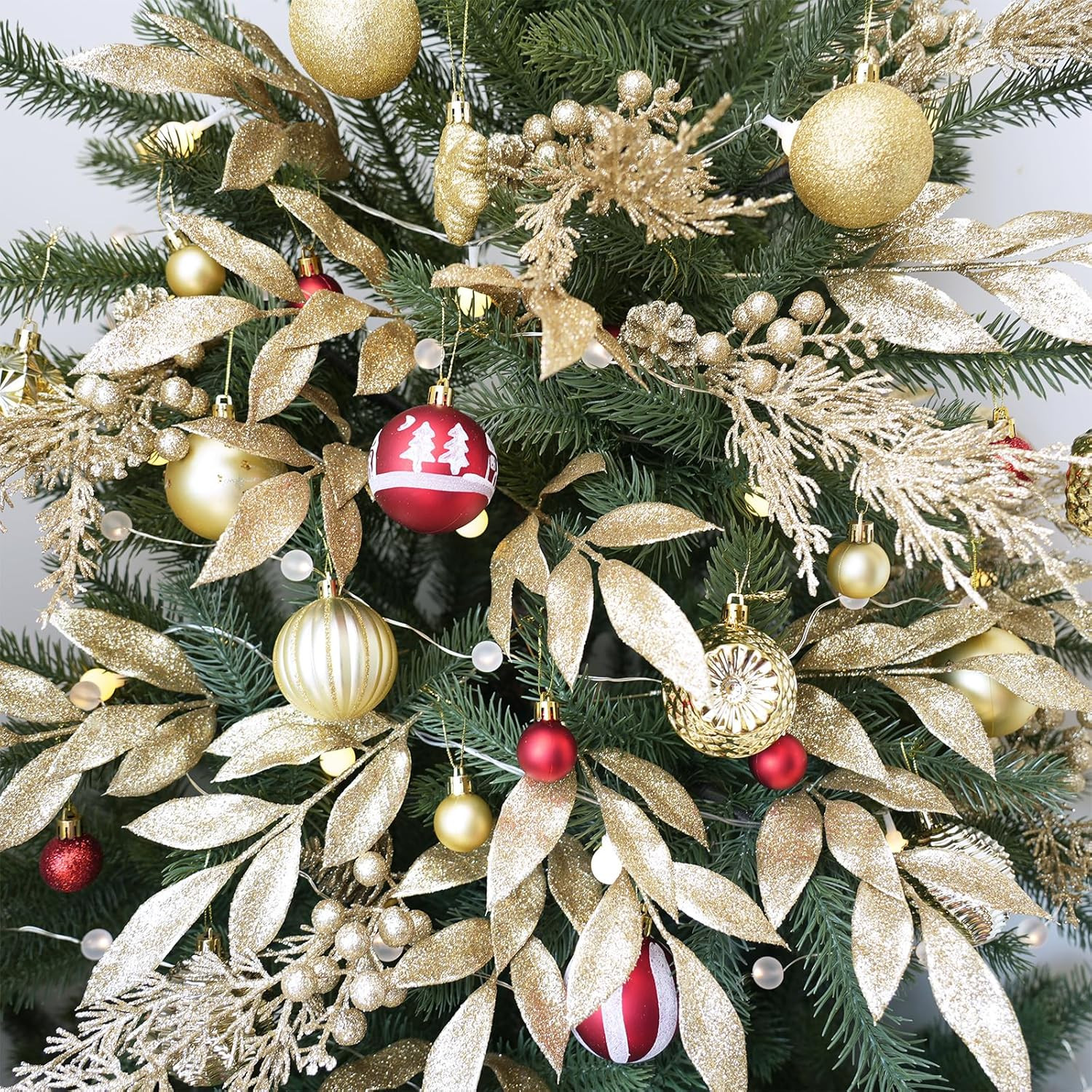 24 Pcs Champagne Glitter Leaf Picks, Pine Needles Pinecone Berry Tree Sprays Set