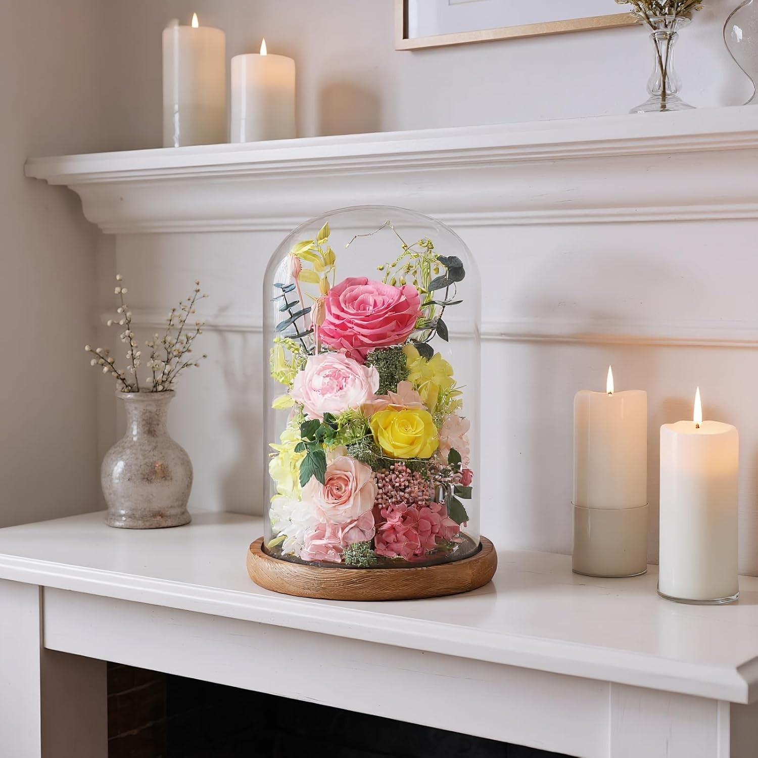 Flowers for Delivery Preserved Flowers Rose in Glass Dome,Pink Rose Forever Flow
