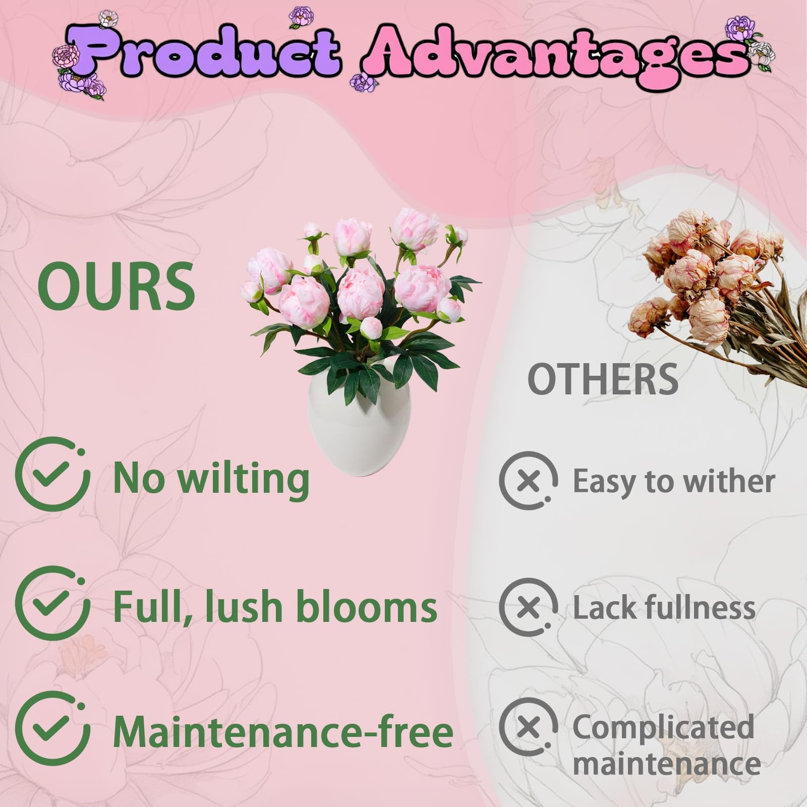 6PCS Pink Peonies Artificial Flowers, Realistic 2 Heads Silk Peonies with Ste…