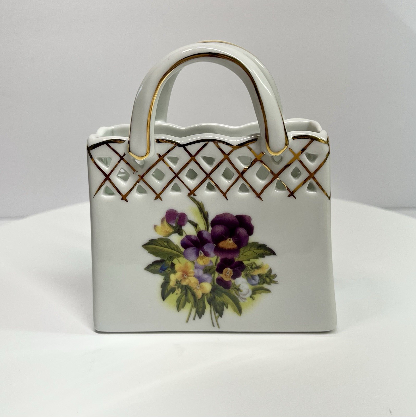 MCM Vintage Porcelain Purse Vase Pansies Old World Collection Figurine Flowers