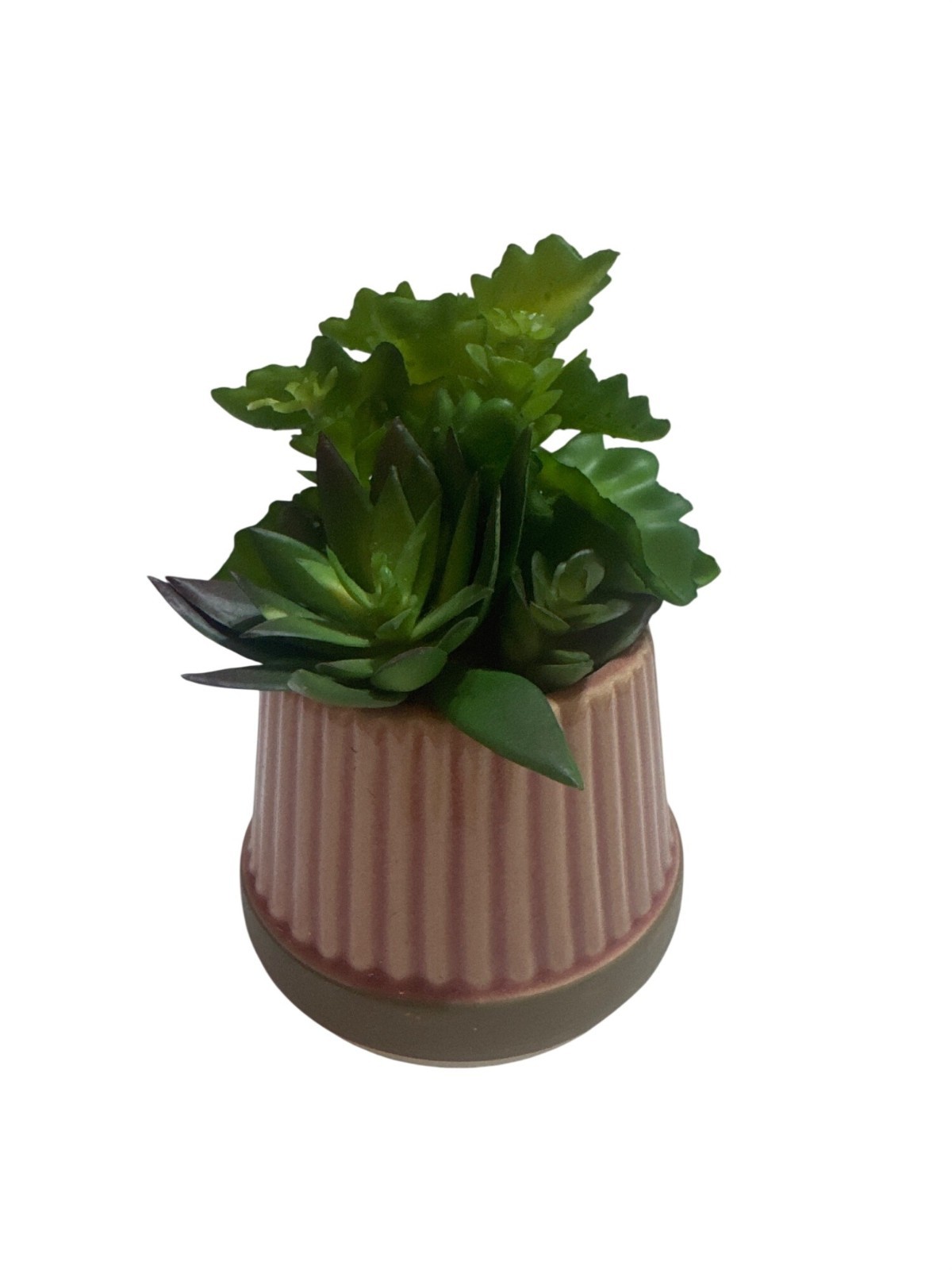 Artificial Succulent Arrangement In Ribbed Ceramic Pink Pot Decorative Greenery