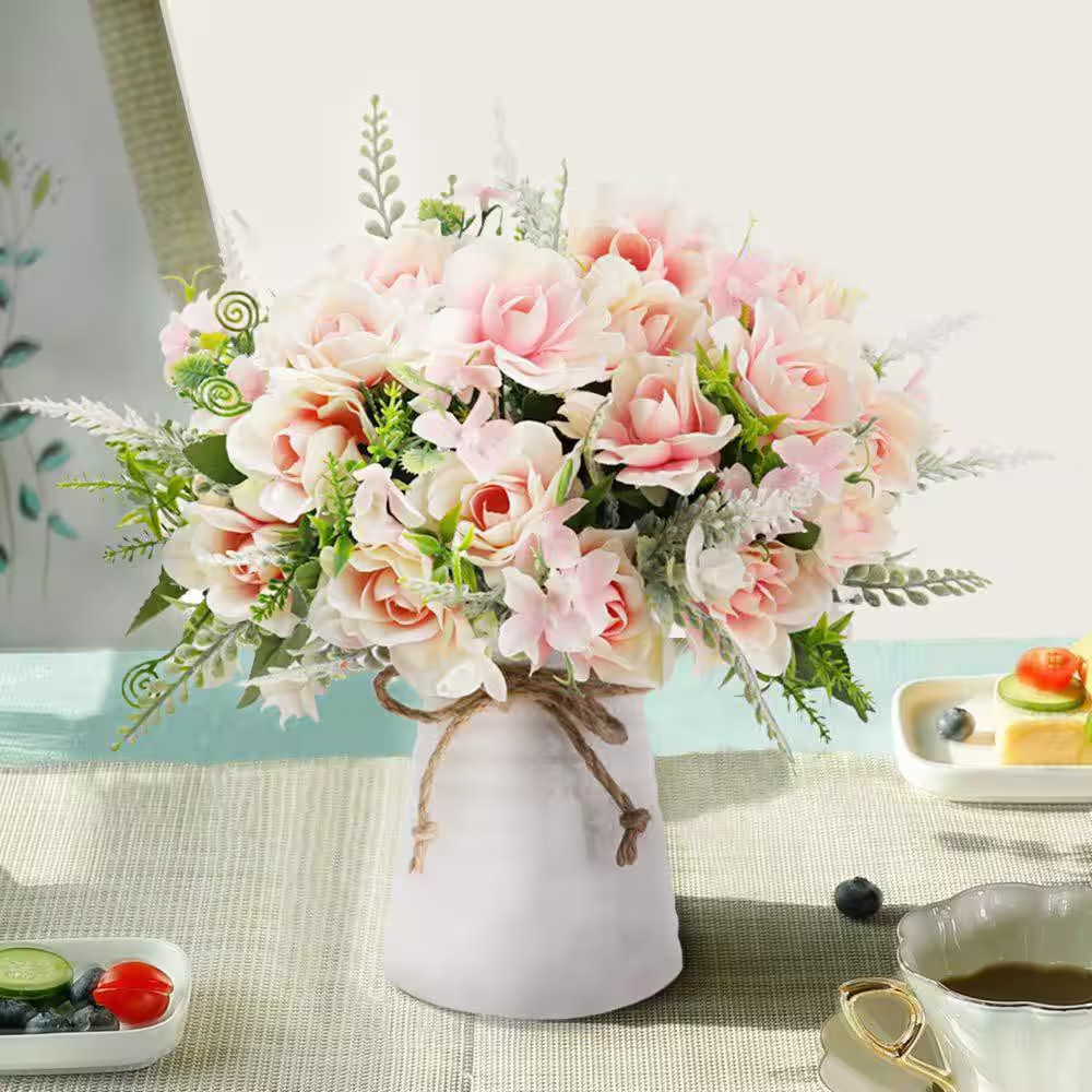 11.4 In. H Pink Artificial Fake Flowers with Vase, Decor Fake Hydrangea Silk Peo
