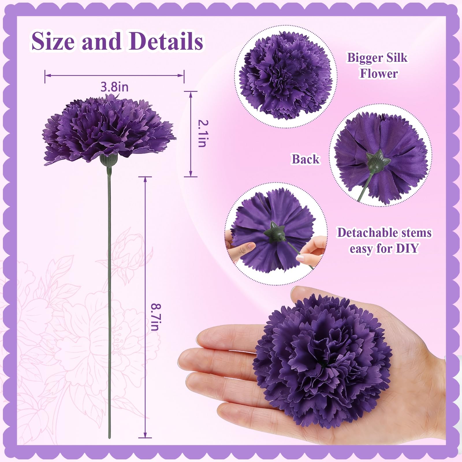 24Pcs Dark Purple Carnation Artificial Flowers with Stems, Fake Silk Carnatio…
