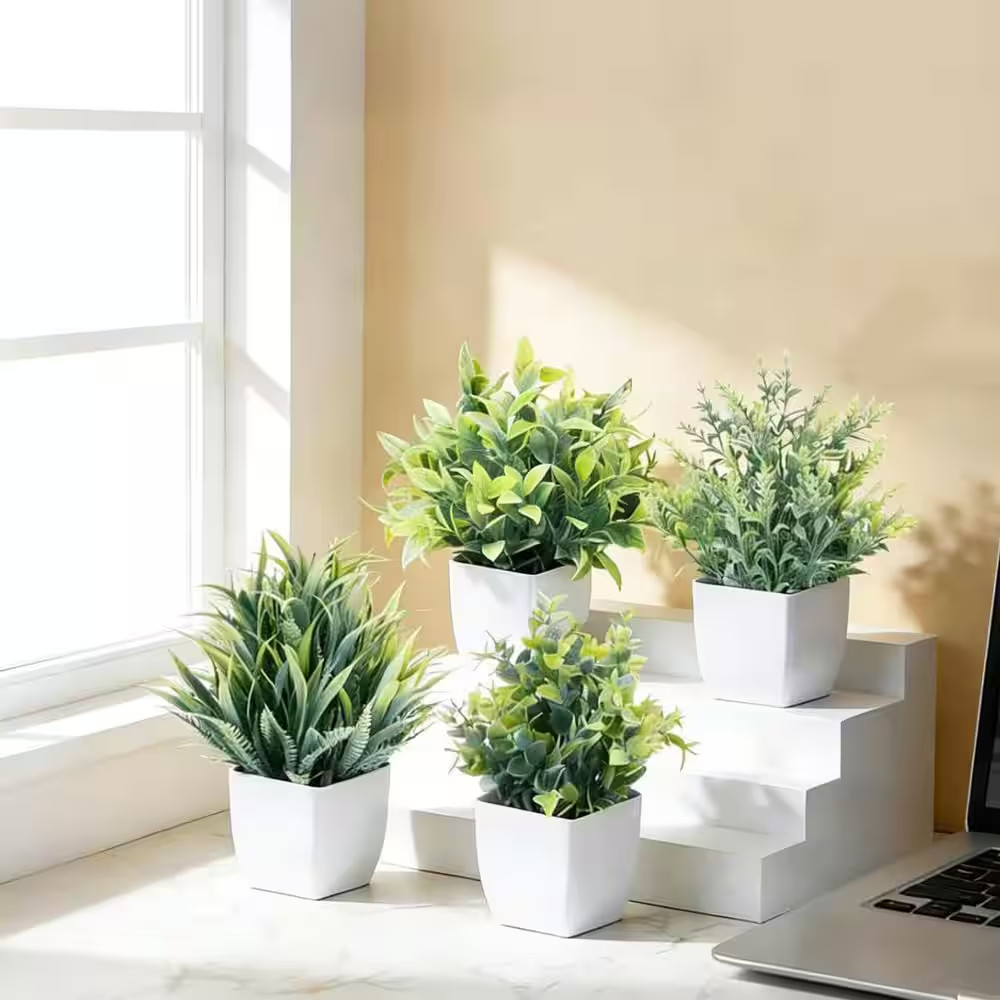 Small Artificial Greenery Plants in White Pot Garden Statue, 4-Pack