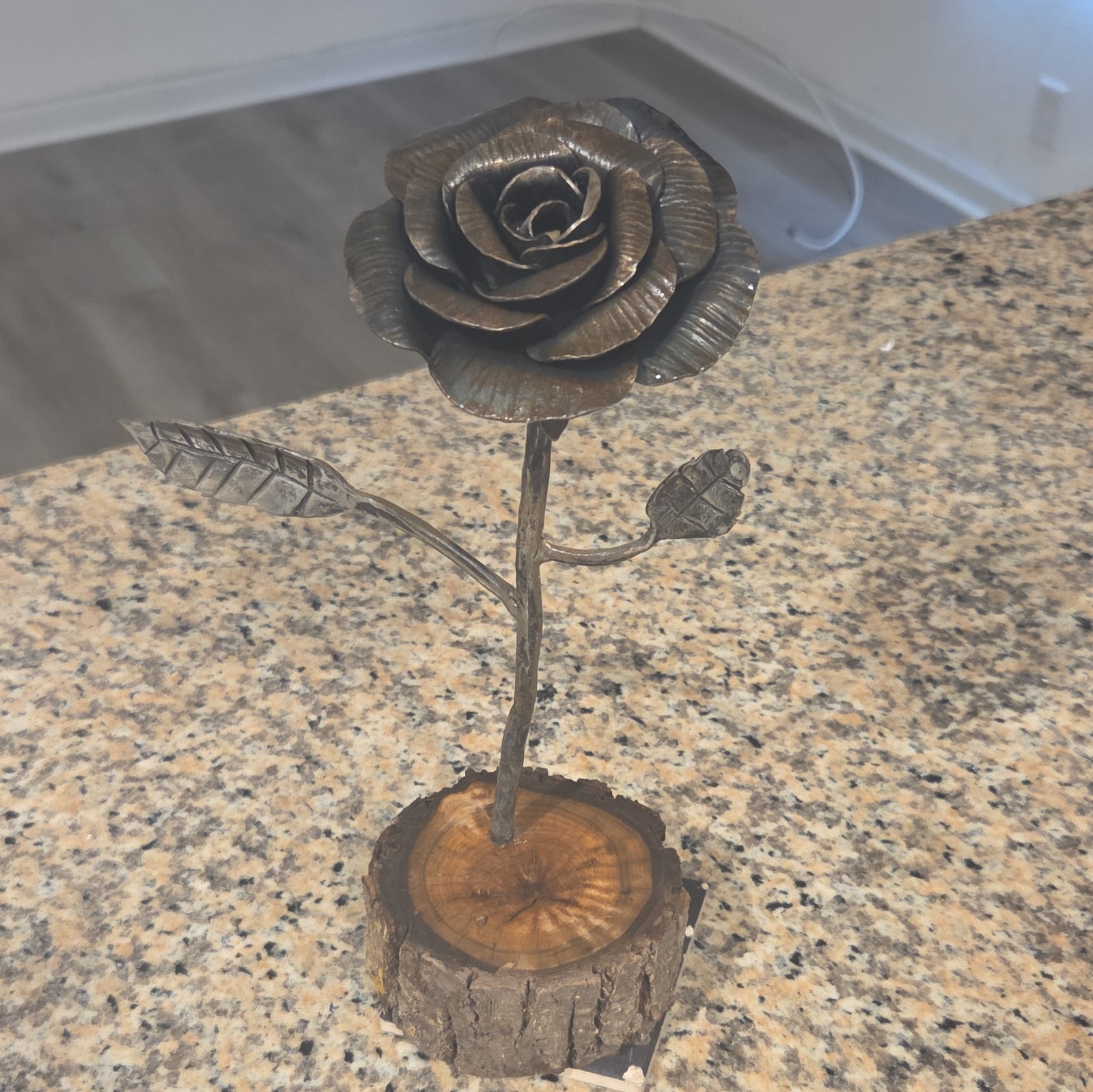 Artificial Metal Rose Flower Table Decor Sculpture on Wood Base Bronze/Brown