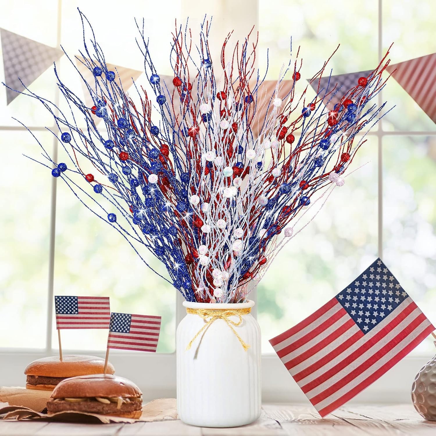 16 Pack Red White and Blue Artificial Flowers 17 Inches 4Th of July Glitter Stic