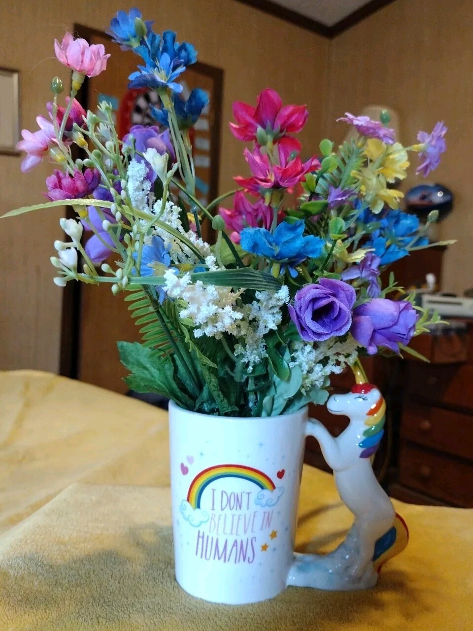 “I Don’t Believe In Humans” Rainbow Unicorn Mug Artificial Flower Arrangement