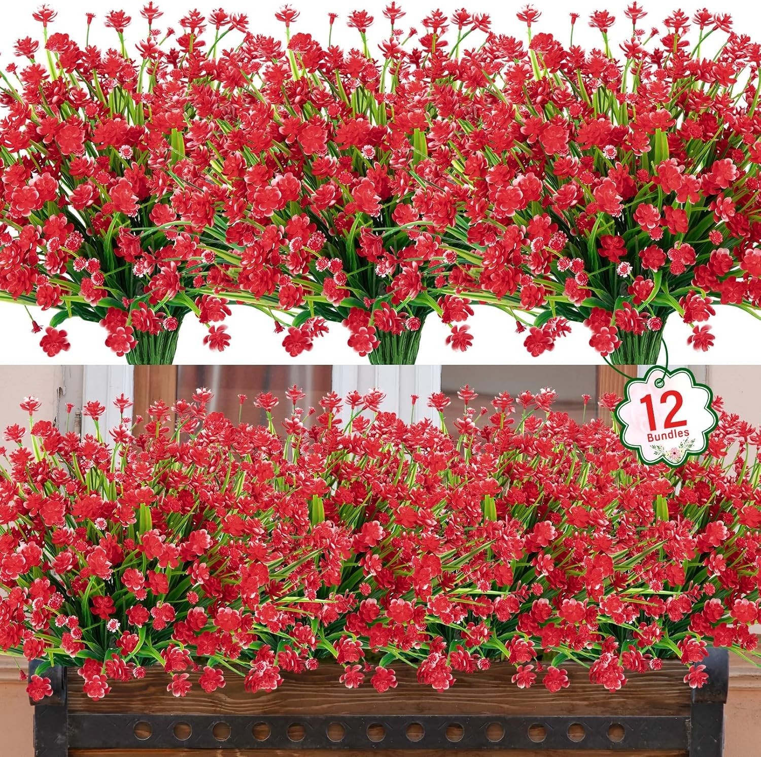 Lifelike Red Artificial Flowers – Set of 12 Bundles for Indoor and Outdoor Décor