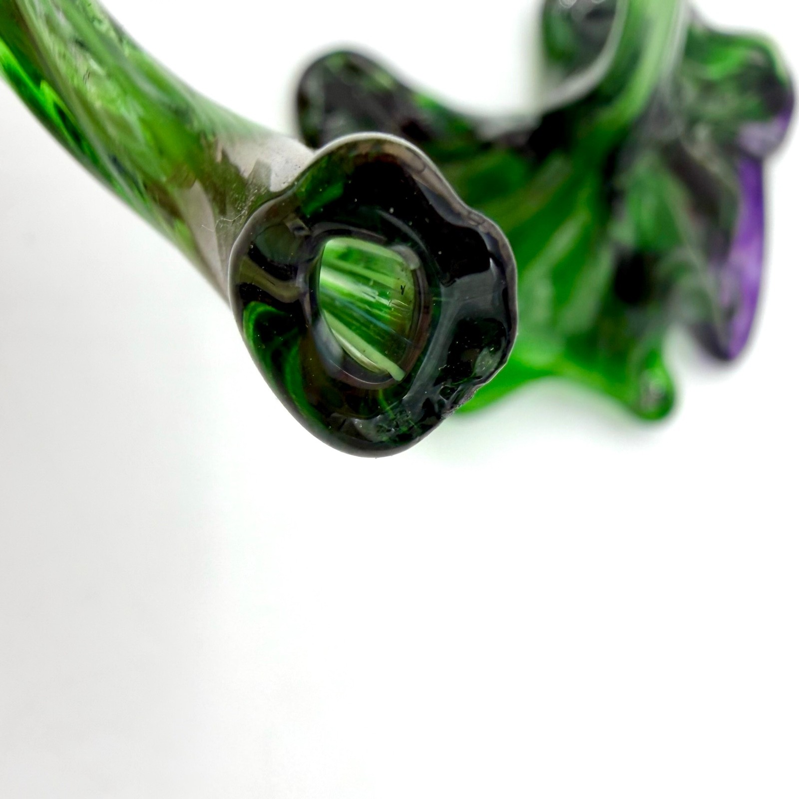 Vtg Hand Blown Art Glass Flowers Murano Style Green Purple Yellow Frit Set 2