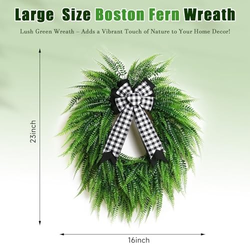 Wreaths for Front Door,22″ Spring Summer Greenery Boston Fern Leaf for Outdoor