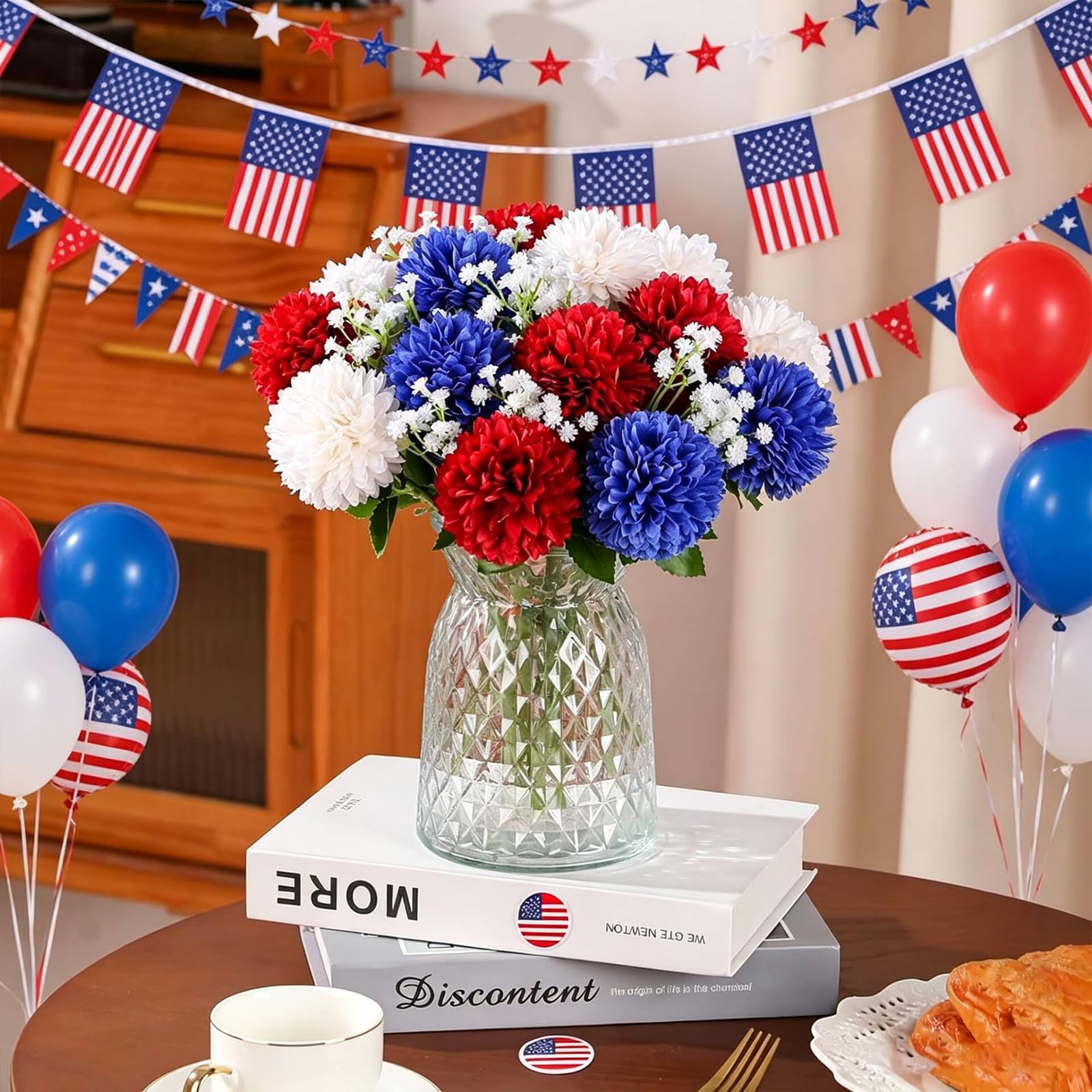 12pcs 4th of July Flowers 250th Anniversary Artificial Chrysanthemum Silk Hyd…