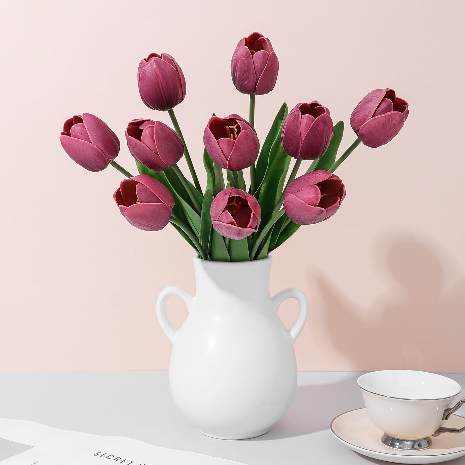 Deep Red PU Artificial Fake Tulips Flowers Spring Wedding Bouquet 18.5 Inch