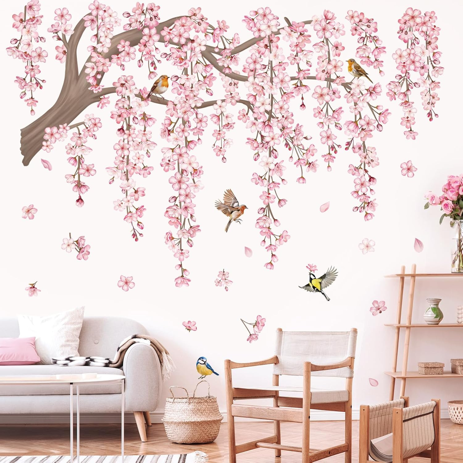 Large Pink Flower Tree Branch Wall Decals Cherry Blossom Tree Floral Birds Wall